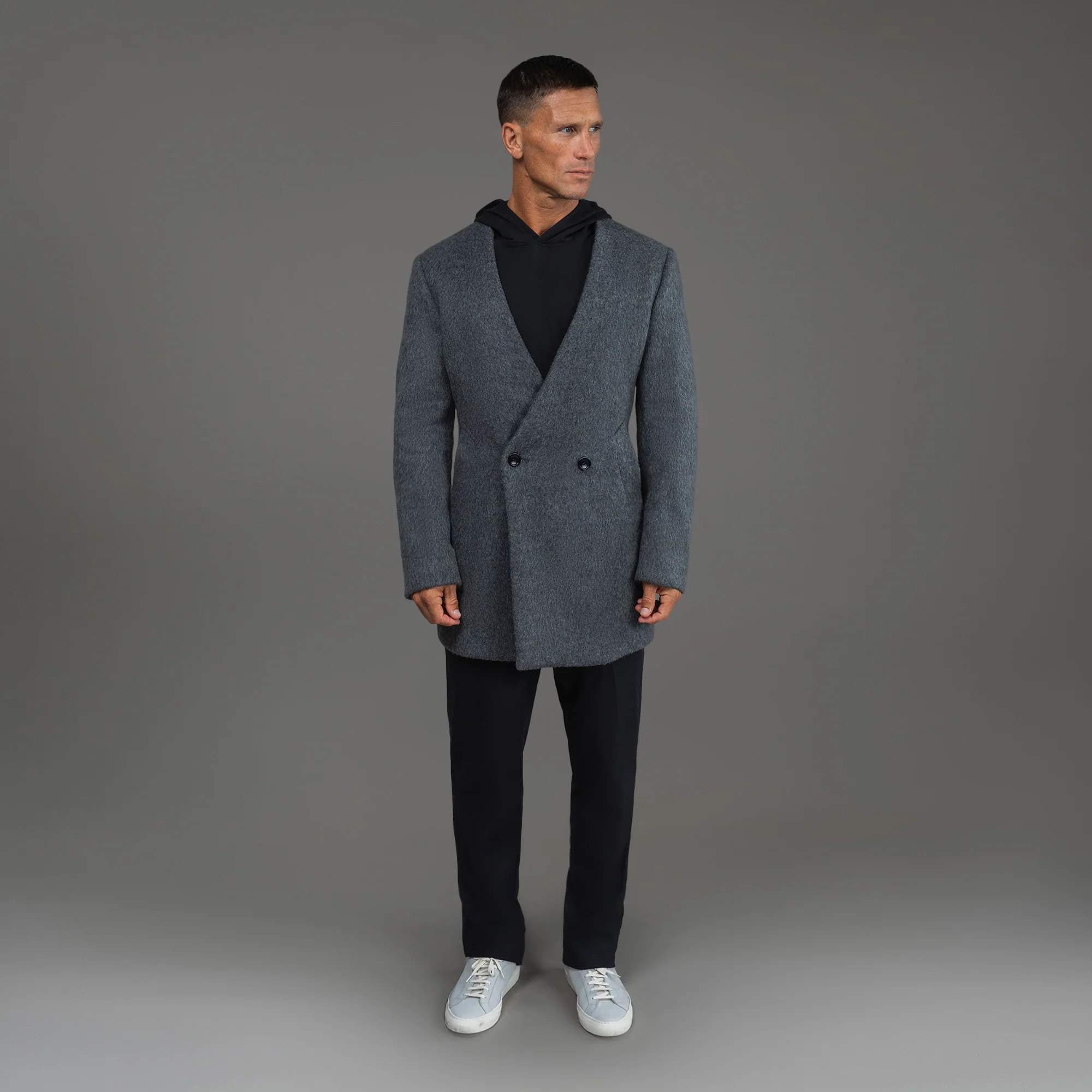Lapelless Wool Silk Overcoat - Image 33