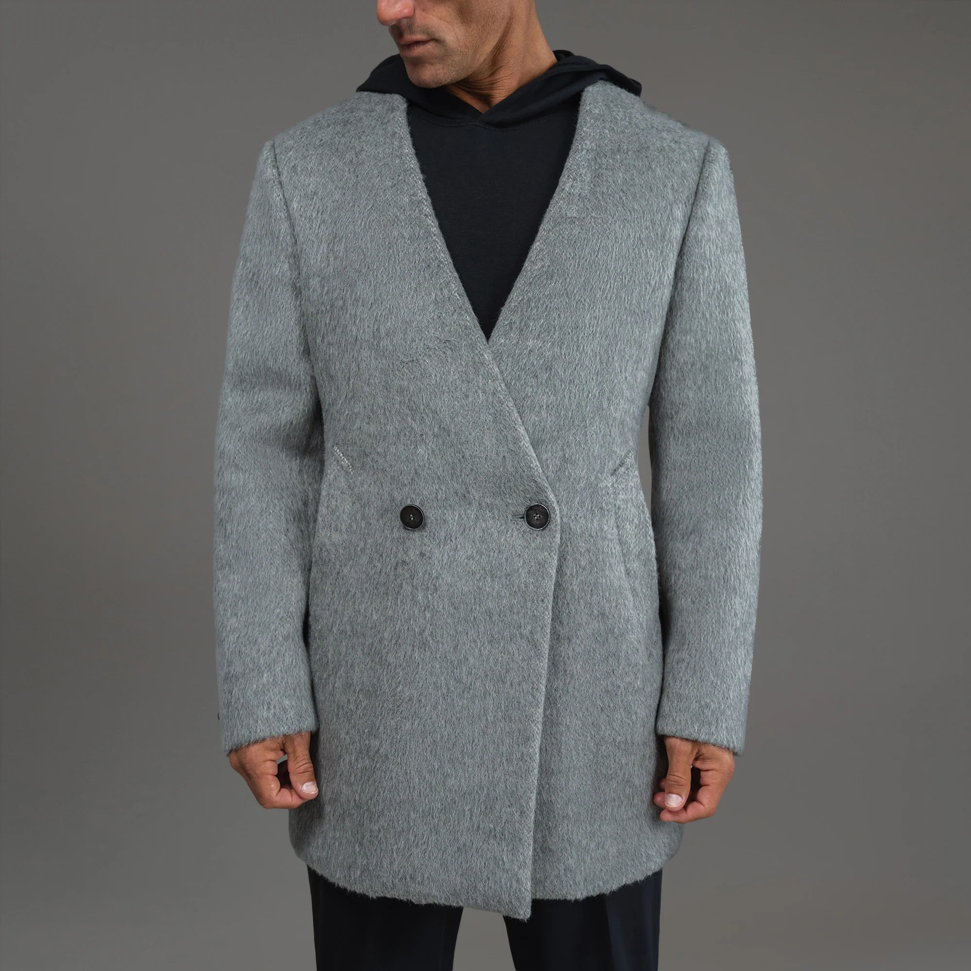 Lapelless Wool Silk Overcoat - Image 41