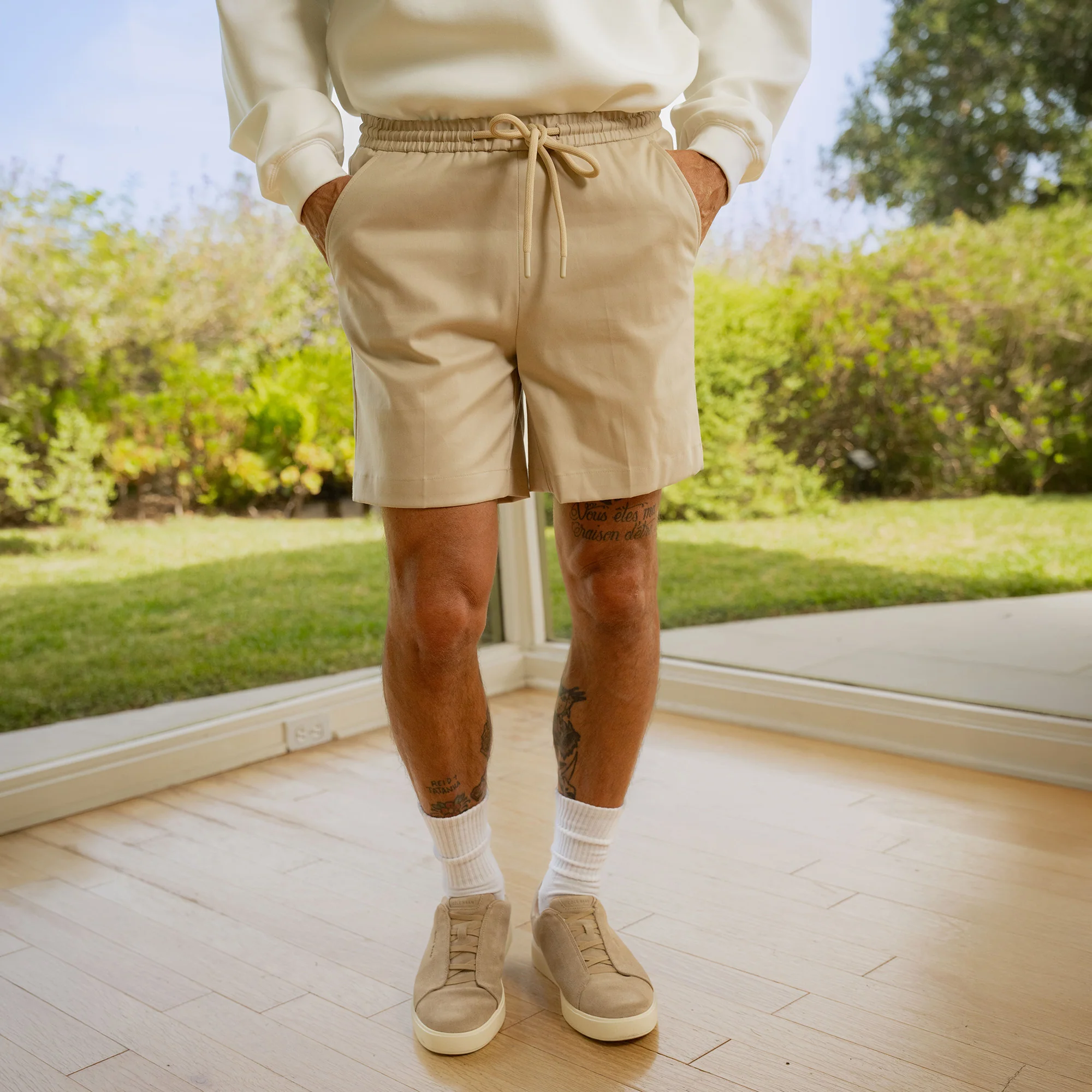 Stretch Cotton Drawstring Shorts - Flat White - Image 3